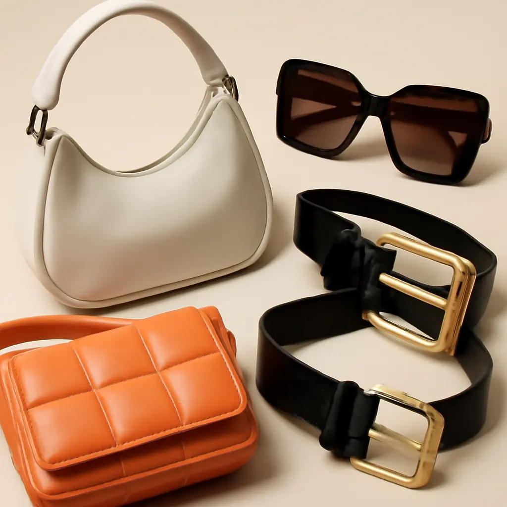 Крупный план модных аксессуаров 2024: сумки, очки, ремни