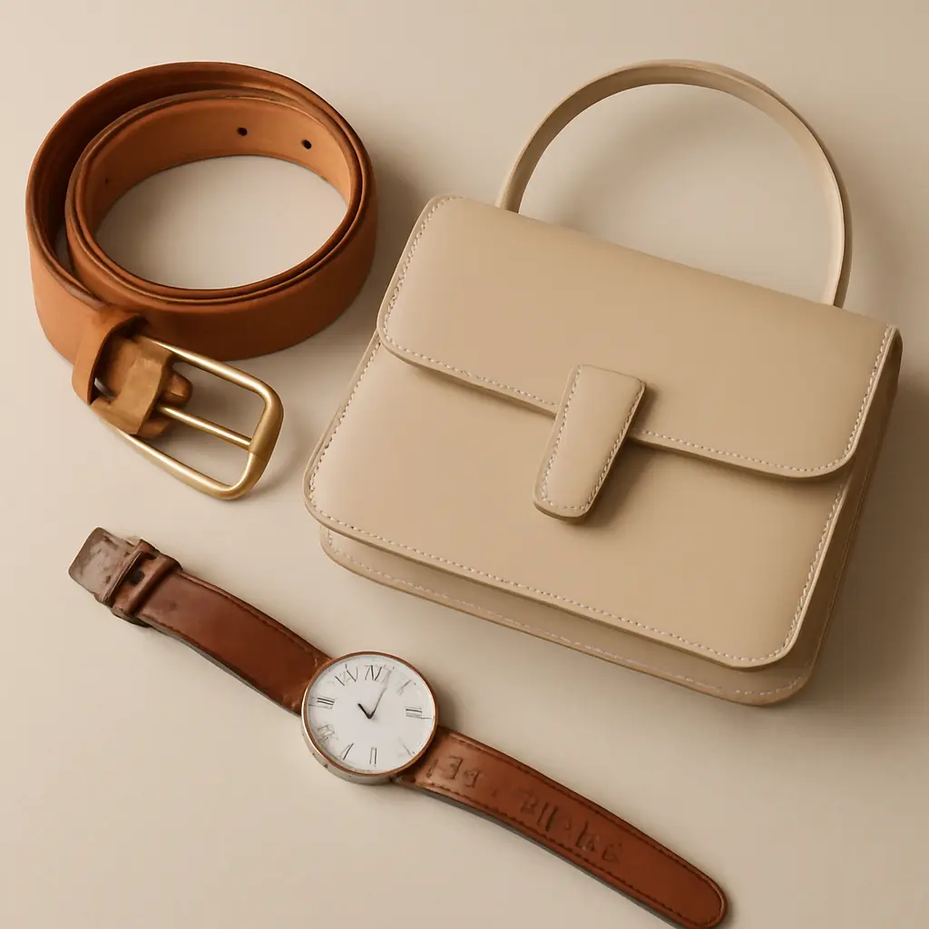 Ремень сумка и часы как аксессуары для дорогого внешнего вида