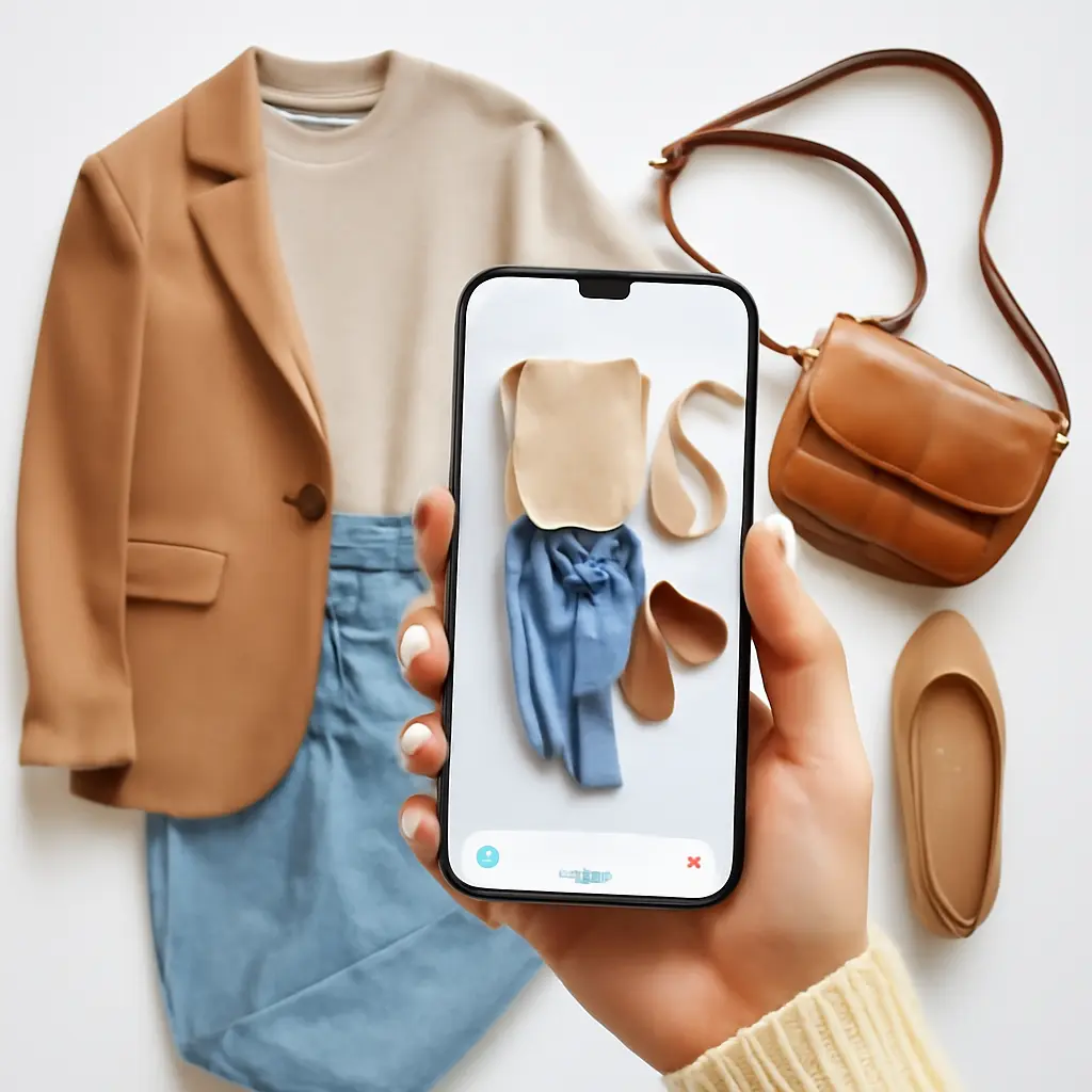 Женщина выбирает готовый комплект одежды онлайн