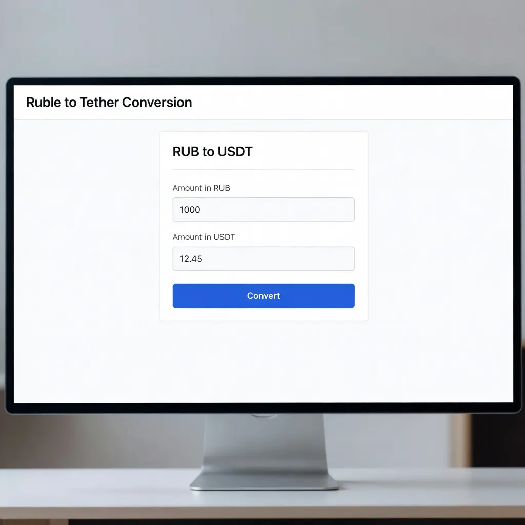 Интерфейс криптообменника для покупки USDT за рубли Экран компьютера с интерфейсом криптообменника и формой для конвертации рублей в USDT стейблкоин
