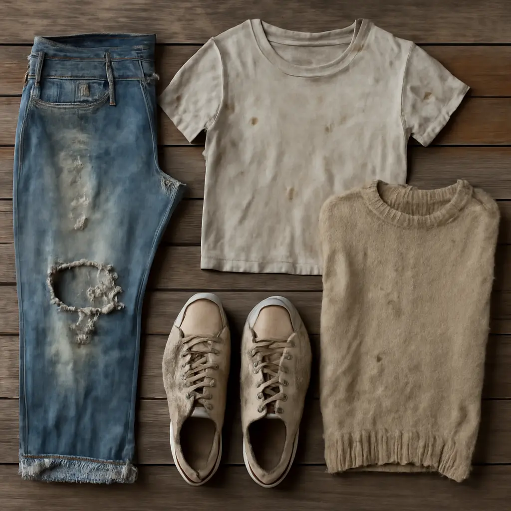 Износившаяся одежда Изношенная футболка и джинсы на фоне старого белья