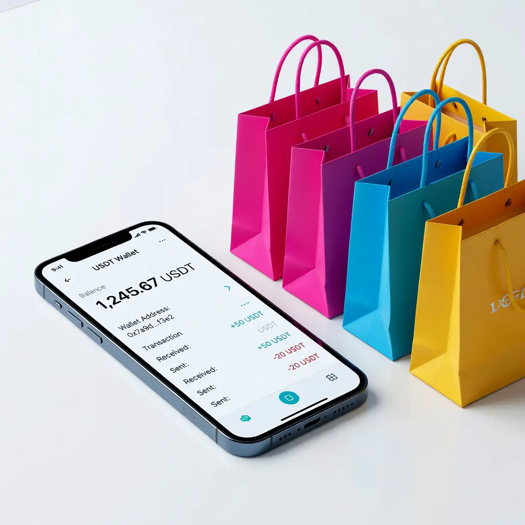 Оплата одежды с помощью USDT на смартфоне Смартфон с криптовалютным кошельком и USDT на экране рядом с пакетами из модного магазина одежды