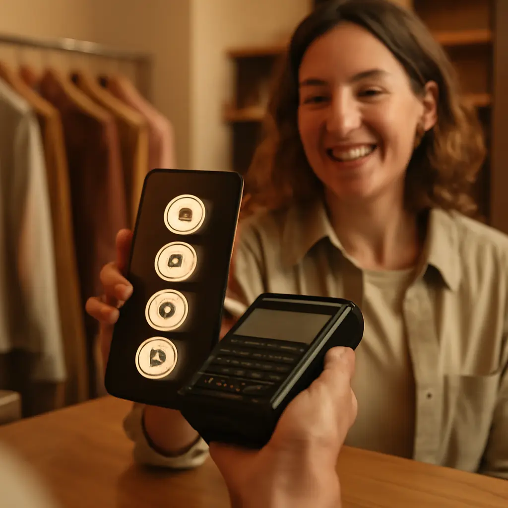 Клиент в магазине платит с помощью смартфона, иконки криптовалюты на экране