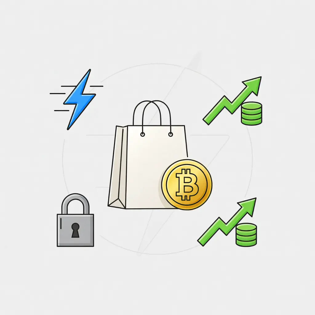 Схематичное изображение преимуществ оплаты через криптообменник при покупке одежды и аксессуаров — скорость, безопасность, экономия