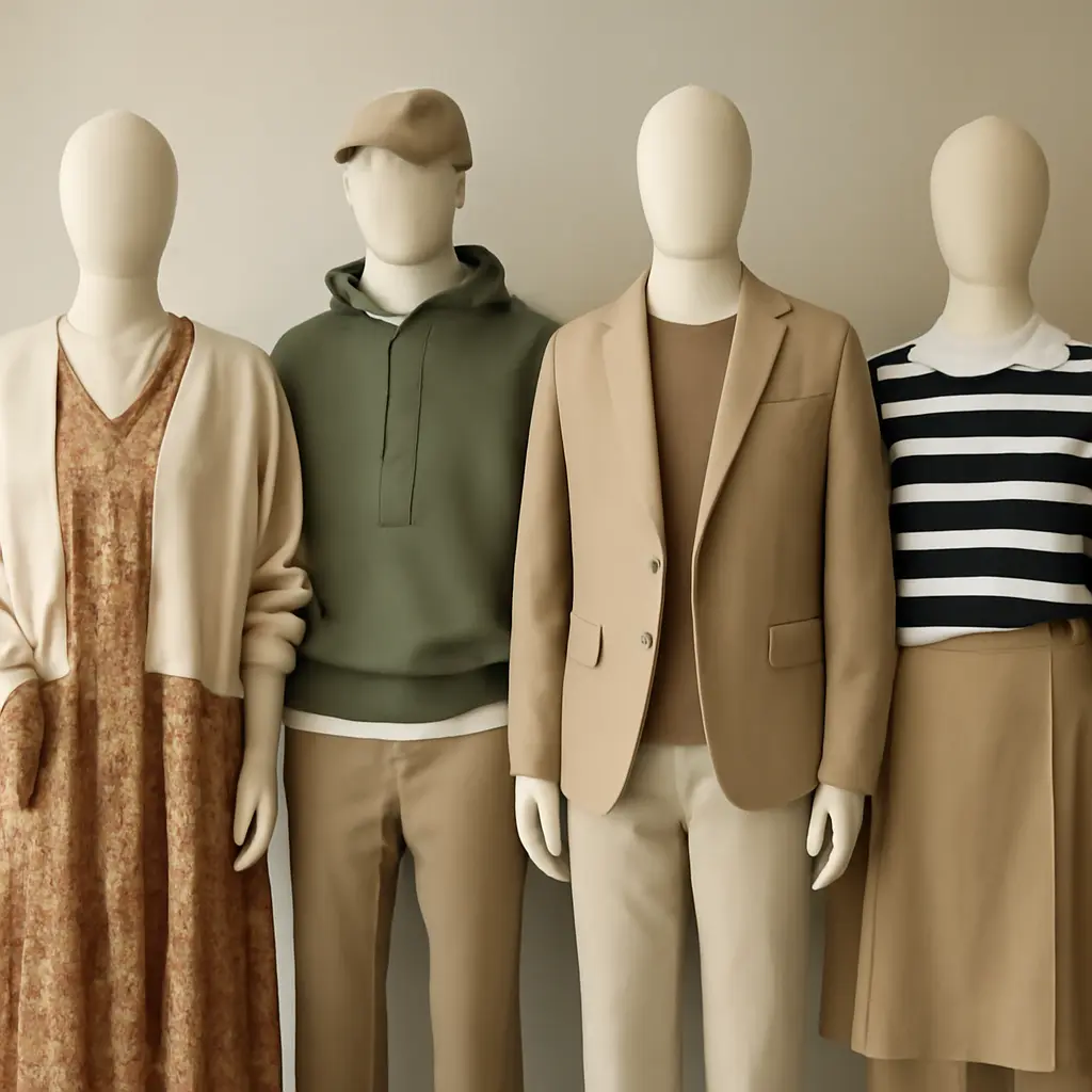 Коллаж различных комплектов одежды в магазине