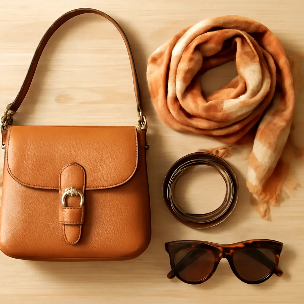 Различные аксессуары — сумка, ремень, шарф — разложены на столе для проверки качества