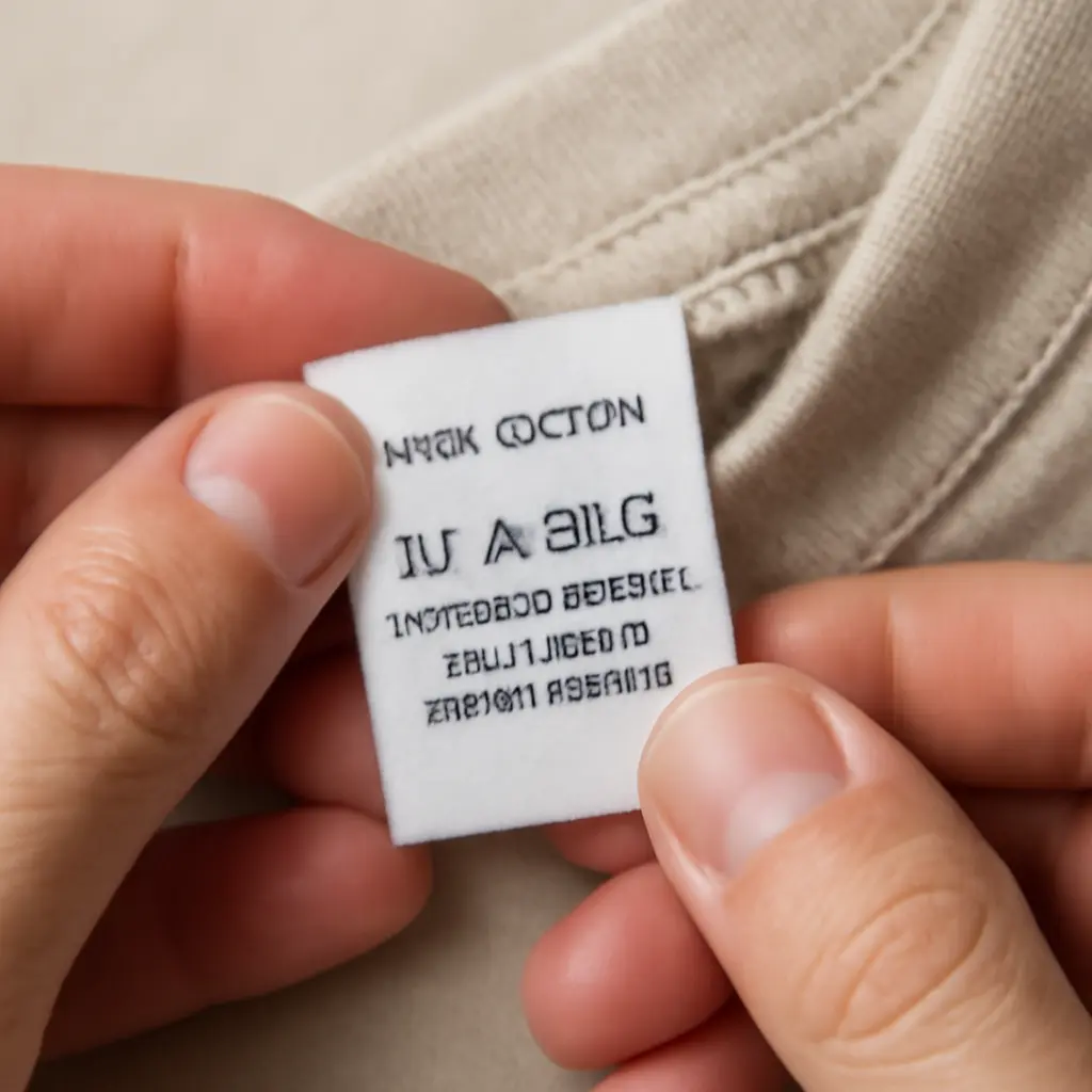 Руки проверяют этикетку и шов на одежде