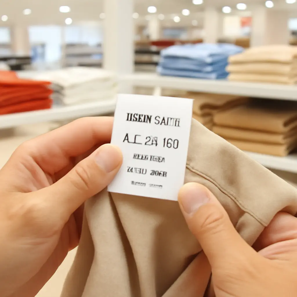 Покупатель проверяет состав и качество ткани на бирке одежды в магазине