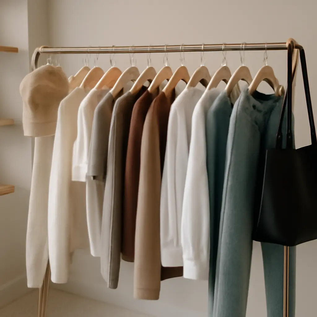 Разнообразие одежды в магазине Ряд одежды и аксессуаров в магазине на вешалках