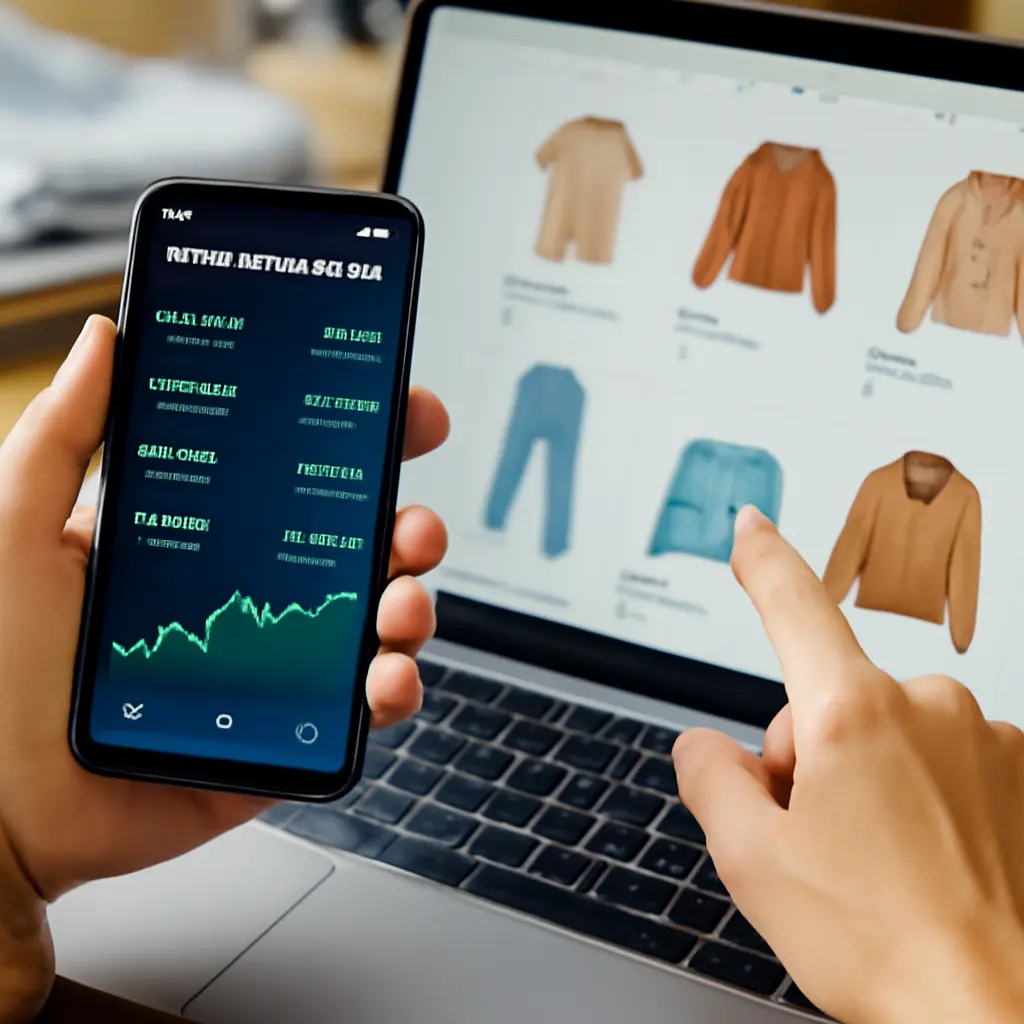 Человек выбирает одежду и оплачивает через криптообменник на смартфоне