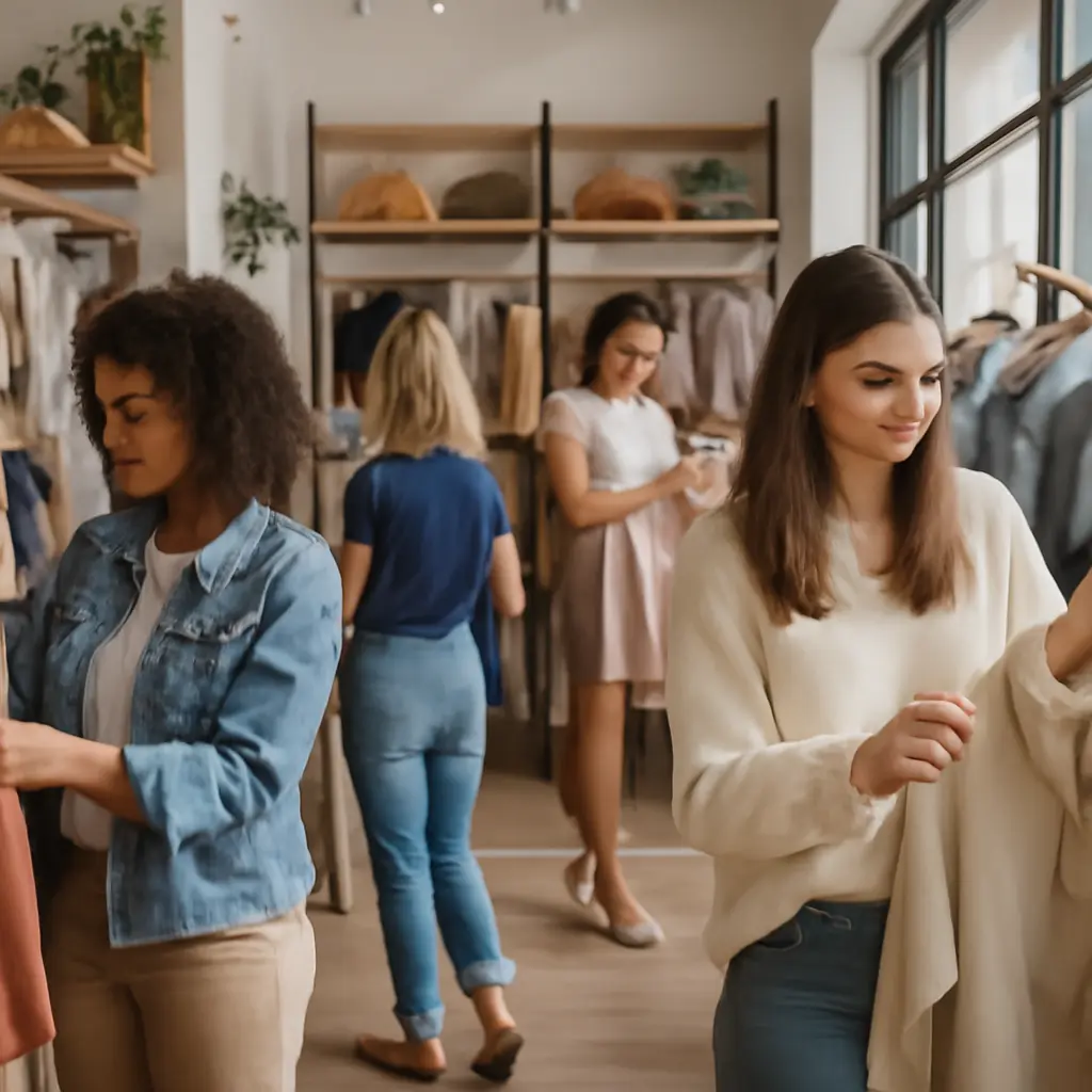 Люди делают покупки в модном бутике, витрины и одежды