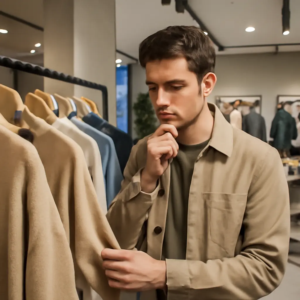 Умный шопинг Покупатель делает выбор в магазине одежды, сравнивает вещи